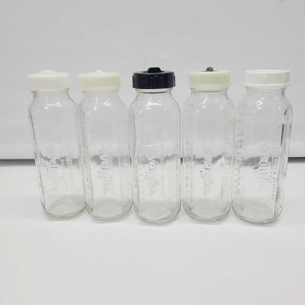 Vintage Evenflo 8 oz Glass Baby Bottles with Rings Stoppers Lot of 5 NO NIPPLES